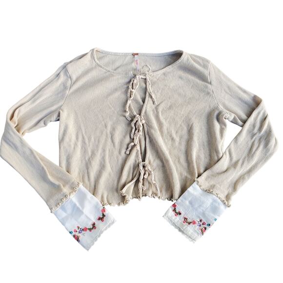 Free People Cottagecore Tie Front Floral Detail Oatmeal Cardigan - Small - Picture 1 of 6